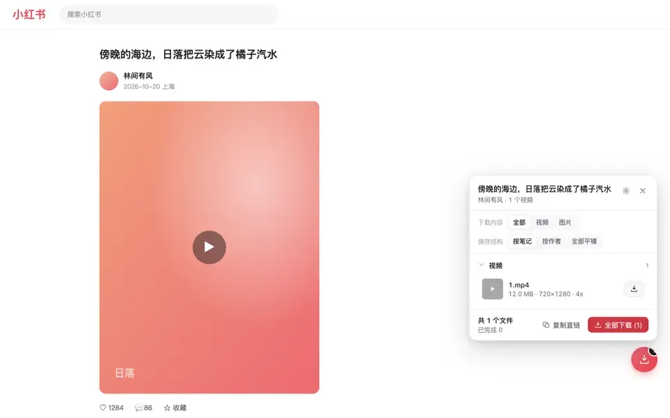 小红书笔记页，右侧下载面板列出待保存的视频