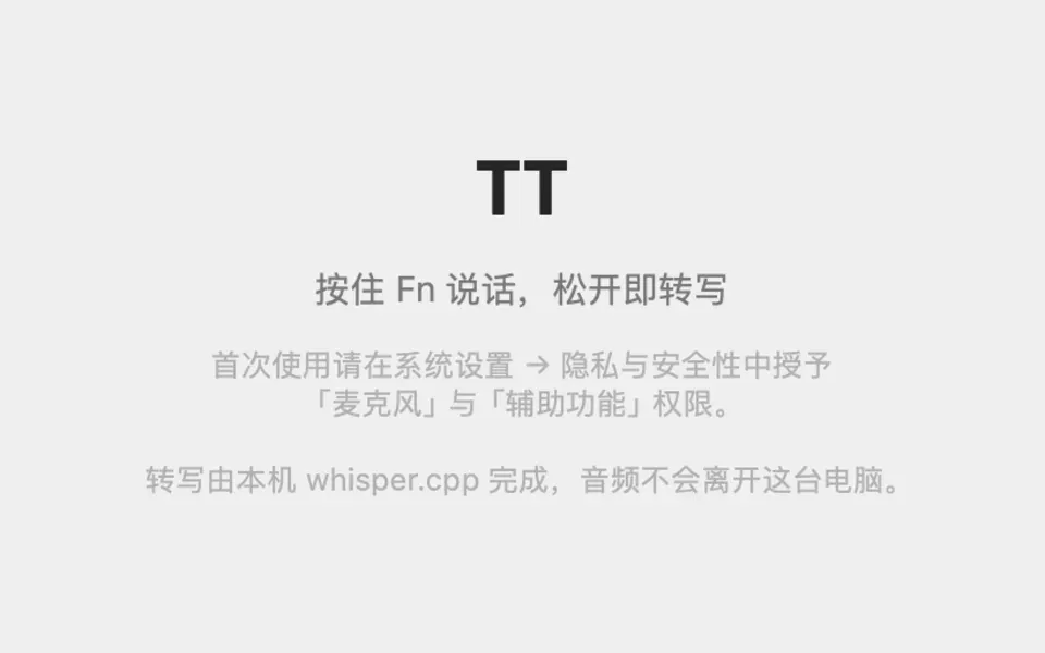 TT 启动页：按住 Fn 说话，松开即转写
